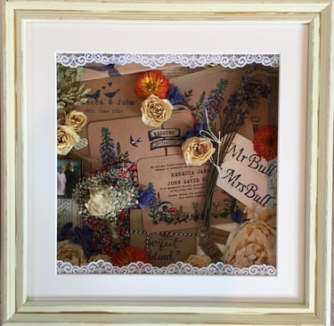 memory box of wedding items, preserved flowers and lace