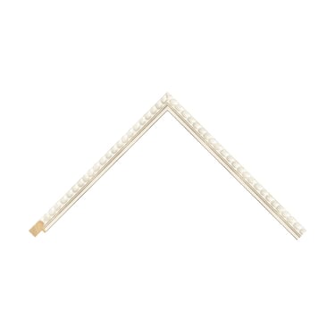 A narrow white painted frame with intricately textural beaded detail.