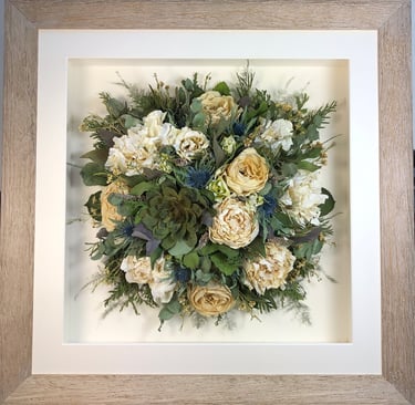 Birdseye view preserved wedding bouquet with succulents and peonies in a frame