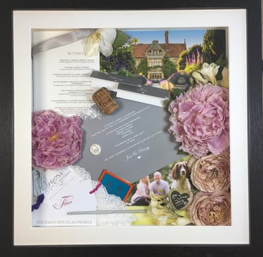 memory box full of preserved wedding flowers, photos of loved ones and pets, and other wedding bits