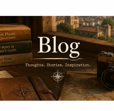 Travel blog header with a vintage camera, globe, journals, and coffee on a wooden desk.
