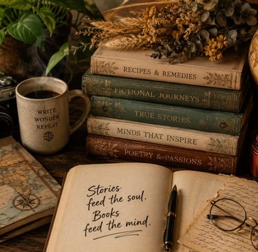 Vintage aesthetic flatlay with old books, coffee mug, and fountain pen on a wooden desk.