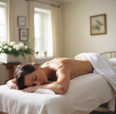 Close-up of hands gently massaging a person's back with aromatic oils.