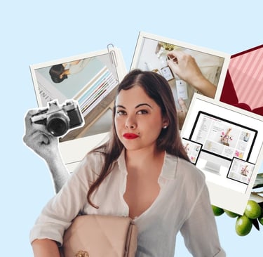 A creative female entrepreneur collage featuring branding photography, a digital website mockup, and a camera.