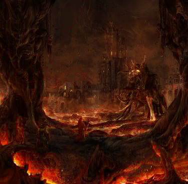 a hellscape image with adventurers walking over the burned pathway