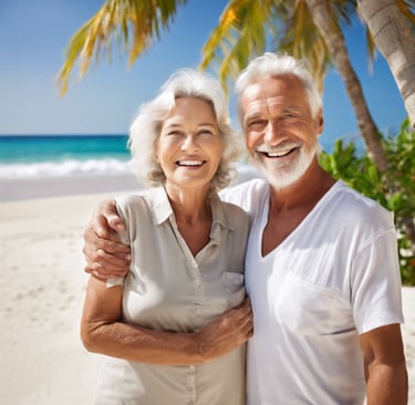 Healthy-Looking Happy smiling older couple on a tropical beach