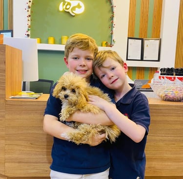 Kids with their dog after a grooming session