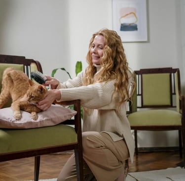 woman grooming a cat