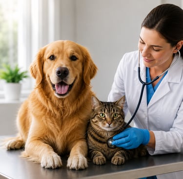 A professional veterinarian examining a healthy golden retriever and a tabby cat during a routine we