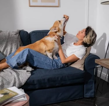 A woman lying on sofa while feeding a dog after reading about the reasons dogs shouldn't eat chocola