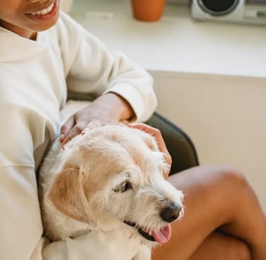 A woman embracing a puppy while thinking about how to manage separation anxiety in pets