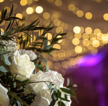 a bunch of white roses in a vase with lights