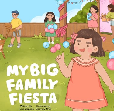 My Big Family Fiesta book cover with young girl greeting readers and family preparing for a party