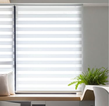 Movann motorized zebra shades in a cozy hotel room
