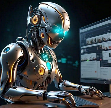 a robot - like robot with a computer monitor and keyboard