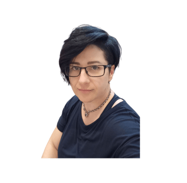 a woman with glasses and a necklace on her neck