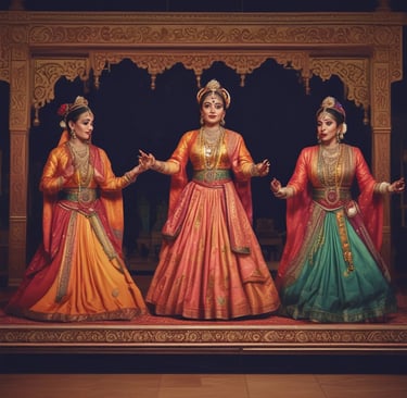 A girl in traditional Indian attire is dancing in a festive environment decorated with colorful balloons, lights, and banners. Other people are present in the background, observing the performance. A child in a similar costume sits on the floor nearby, and a phone is capturing the event.