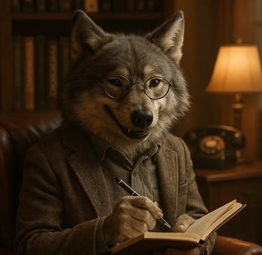 Artistic depiction of a wolf as a therapist, symbolizing a psychologist or psychiatrist supporting men’s inner strength and e