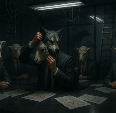 Dark cinematic boardroom scene — a lone sheep in a suit among wolves in power suits. Corporate thriller full of tension