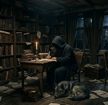 A hooded scholar writes by candlelight in a dark medieval library with a wolf at his feet.
