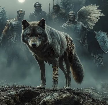 A scarred wolf stands in the fog before armored ancient warriors and a winged knight in a dark fantasy forest.