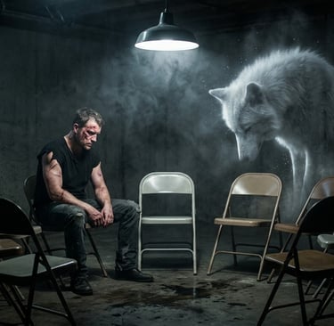Injured man sitting in a dark basement with a glowing white wolf spirit in a circle of chairs.