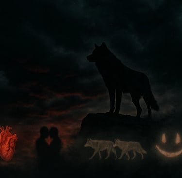 a wolf in the dark with a person standing on a rock