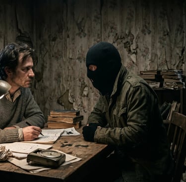 A man in a dim room writes as a person in a black ski mask watches him across a desk.