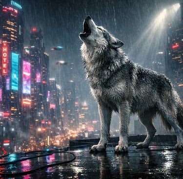 A lone gray wolf howling in the rain atop a rooftop in a futuristic cyberpunk city with neon lights.