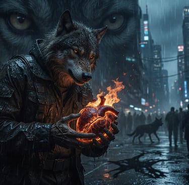 A cinematic digital art piece of an anthropomorphic wolf in a rainy cyberpunk city holding a flaming human heart.
