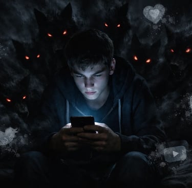 A teenager using a smartphone at night surrounded by dark wolves representing cyberbullying and social media risks.