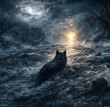 a dog is sitting in the middle of a dark, stormy night