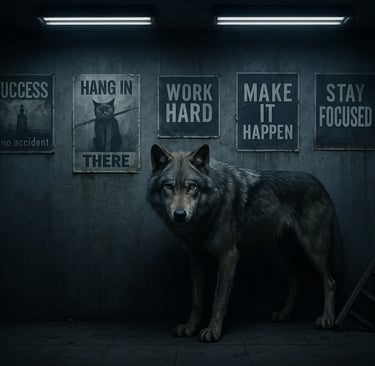 a wolf standing in a dark room with posters on the wall