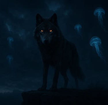 a wolf in the dark with jellyfishs and jellyfishs