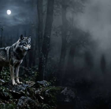 A gray wolf standing in a dark, misty forest under a full moon with ghostly shadows in the fog.