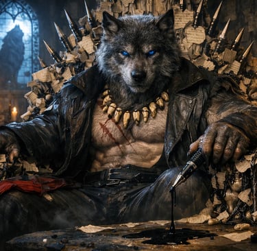 A powerful werewolf king with blue eyes sitting on a spiked throne in a gothic library.