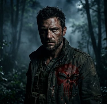 A gritty man in a forest wearing a jacket with a red skull logo, inspired by The Punisher.