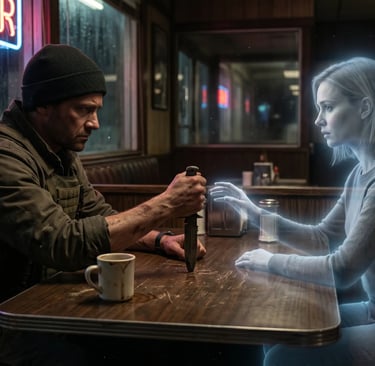 A man in a tactical vest sits across from a glowing blue female ghost in a rainy diner booth.