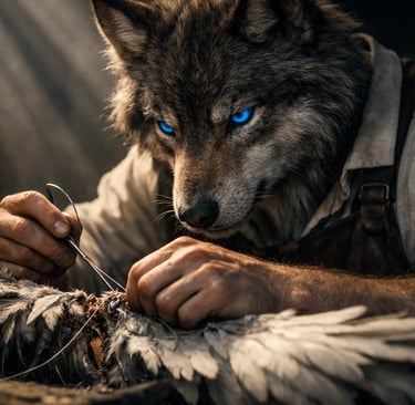 a wolf - like creature creature with blue eyes