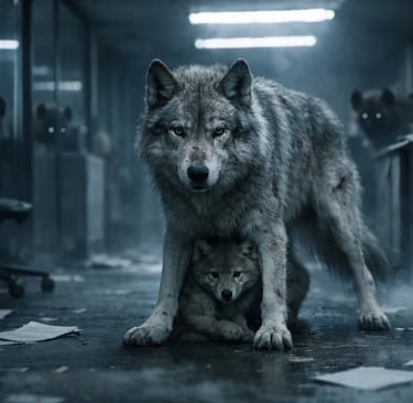 A gray wolf protects its cub in a dark, abandoned office building with hyenas looming in the shadows.