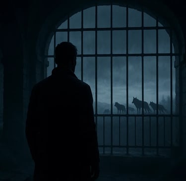 a man in a dark room with a window and a dog