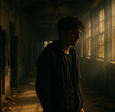 a man standing in a room with a suitcase