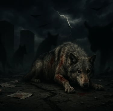 Lone wolf skulks wounded on corporate wasteland, broken path strewn with discarded sacrifices, circling shadows and stormy sk