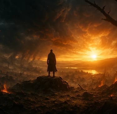 a man standing on a hill with a sunset in the background