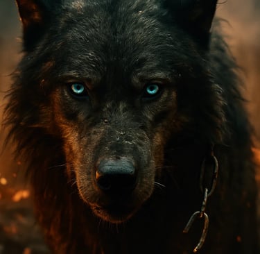 a wolf dog with blue eyes and a chain link
