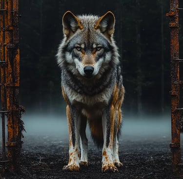 A gray wolf standing between rusty iron gates in a dark, misty forest landscape.