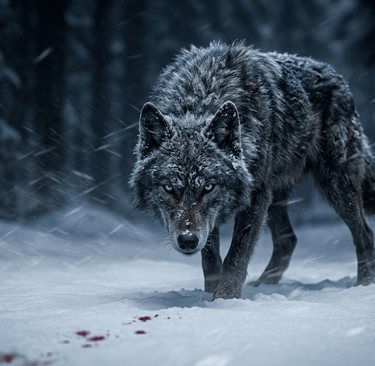 A gray wolf with blue eyes walking through a snowy forest during a winter blizzard.