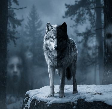A grey wolf stands on a snowy rock in a dark forest surrounded by ghostly faces in the trees.