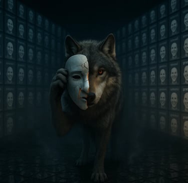 a wolf with a mask mask on a wall