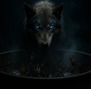 a wolf dog in a potted potted with blue eyes
